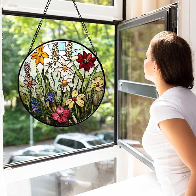 Stained Glass Window Hanging, Colorful Wildflowers Plant Scenery Suncatcher for Doors Window Home White Green Sun Catchers Decor Mother's Day Birthday Gifts for Women, Men Mom 9.8 in