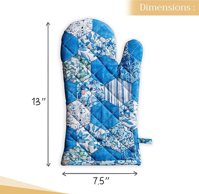 Maison d' Hermine Oven Gloves 100% Cotton Oven Mitt 7" x 13" with Loop Heat Resistant, BBQ, Cooking Gloves, Baking, Grilling, Kitchen, Handling Hot Pans Spring/Summer (Pack of 1, Summer Blues)