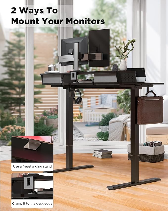 35x20 Inch Standing Desk with Double Drawers, C-Clamp Mount Compatible, Electric Adjustable Height Computer Stand Up Desks, Home Office Sit Stand Table with 3 Preset Heights & 2 Hooks, Black