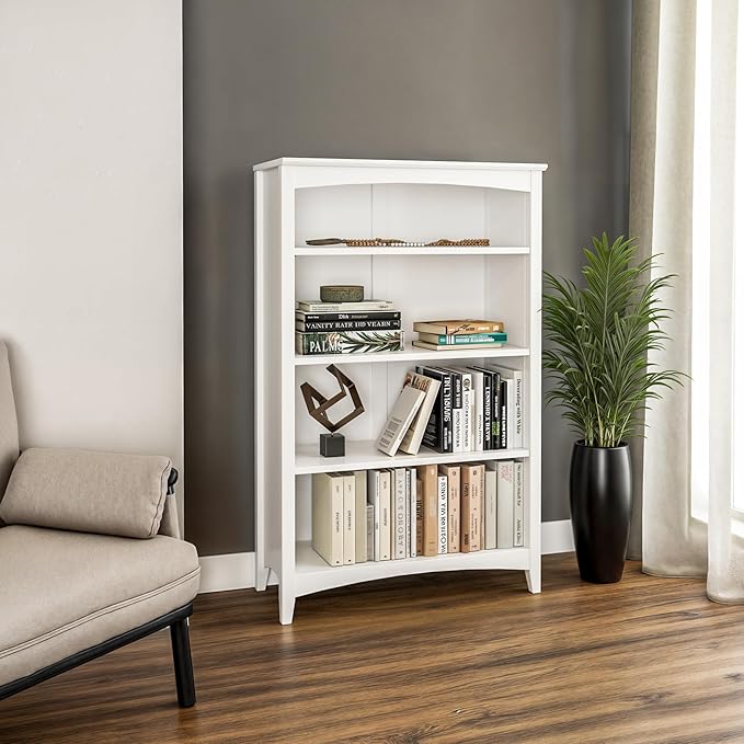 Camaflexi Shaker Style 4 Shelf Bookcase / Solid Wood / 48 inch High / Adjustable Shelving / Closed Back / Display Bookshelf for Living Room, Bedroom, Home and Office, White
