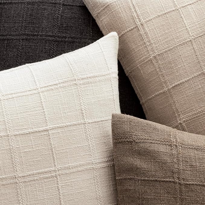Foindtower Set of 2 Decorative Linen Check Throw Pillow Covers Neutral Farmhouse Vintage Cushion Covers Modern Boho Home Decor For Sofa Chair Couch Bedroom Living Room Outdoor,22×22 Inch,Natural Beige