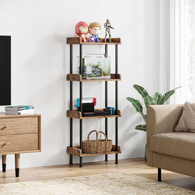 Hosfais Bookcase 4 Tier Bookshelf, Vintage Small Bookshelf for Spaces, Wooden Book Shelf for Living Room Bedroom