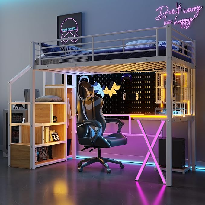 Merax Twin Size Metal Loft Bed with Built-in Work Station, Wardrobe, Storage Staircase and LED, Gaming Bed for for Kids Teens Adults, Full-Length Guardrails, No Box Spring Needed, White