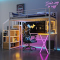 Merax Twin Size Metal Loft Bed with Built-in Work Station, Wardrobe, Storage Staircase and LED, Gaming Bed for for Kids Teens Adults, Full-Length Guardrails, No Box Spring Needed, White