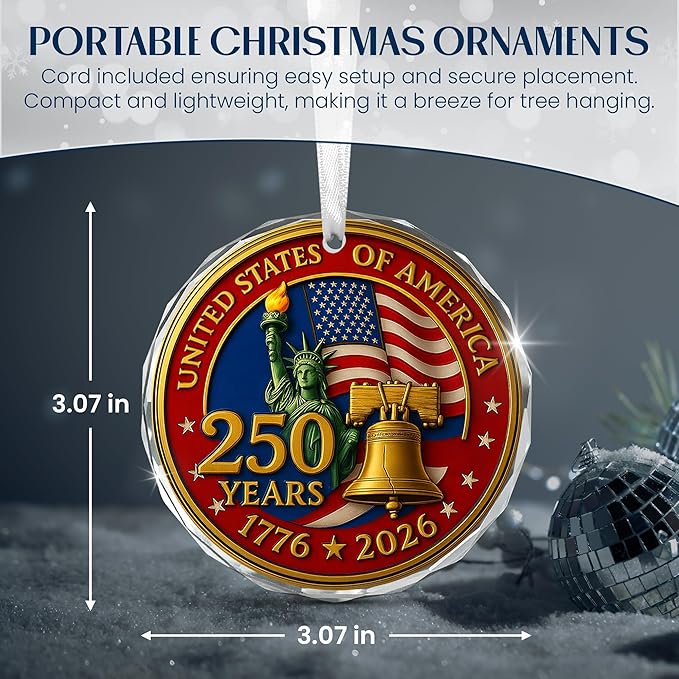 FLAGWIX 250th Anniversary USA Ornament for Patriotic Christmas Decorations - Glass Patriotic Christmas Ornaments - United States 250 Years American Anniversary Bell Ornament, Veterans Day Gifts Bulk
