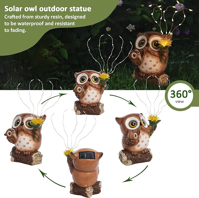 Solar Garden Statues Outdoor Decor, Fairy Owl Statue Garden Decor, Resin Yard Decorations Outdoor for Patio, Porch, Balcony, Lawn Ornaments, House Warming Birthday Gifts for Mom Women Grandma