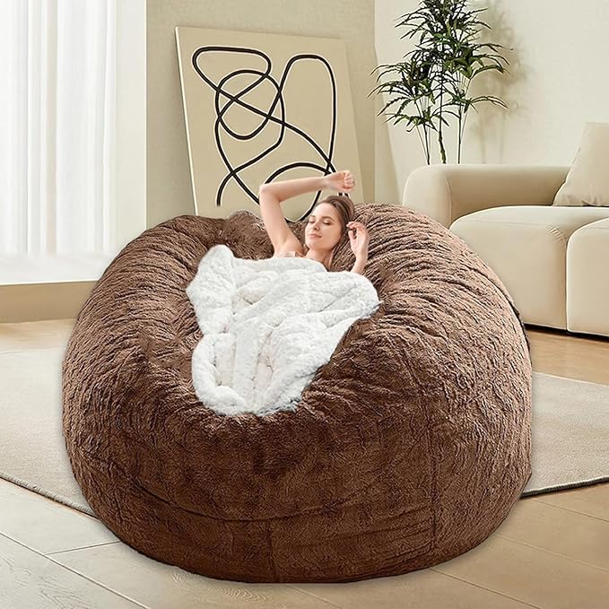Bean Bag Chairs for Kids Comfy Fluffy Big Joe Bean Bag Chair Covers Only (No Filler) Round Sofa Chairs for Bedroom Living Room Decor, 5FT, Brown