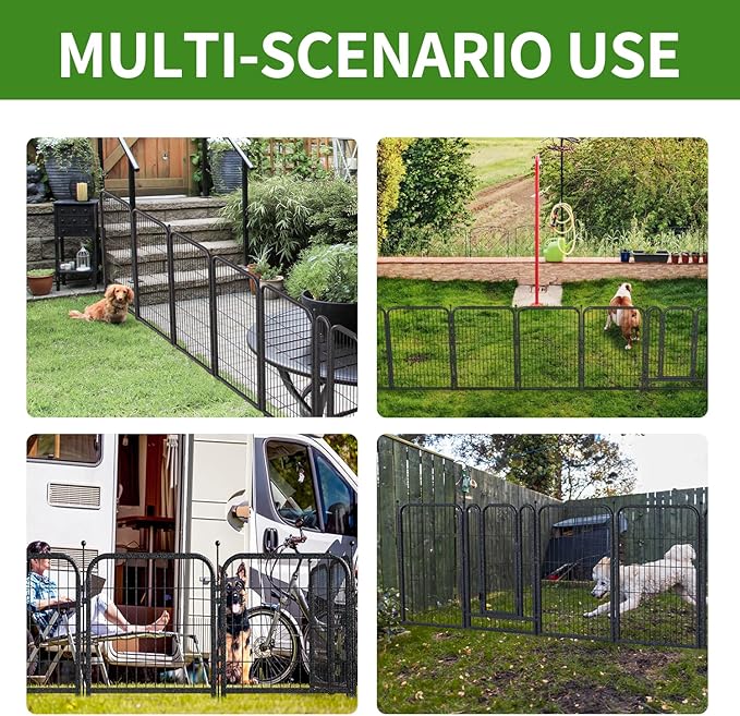 Decorative Garden Metal Fence 15.7ft (L)×24in (H) with 7 Panels 1 Gate Outdoor, No Dig Rustproof Wire, Animal Barrier Fencing for Outdoor Yard Patio Flower Bed,（Black-Silver）