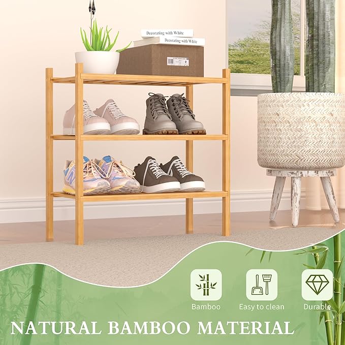 3-Tier Bamboo Small Shoe Rack, Free Standing Wood Shoe Shelf Storage Organizer for Closet Entryway Stackable (Natural)