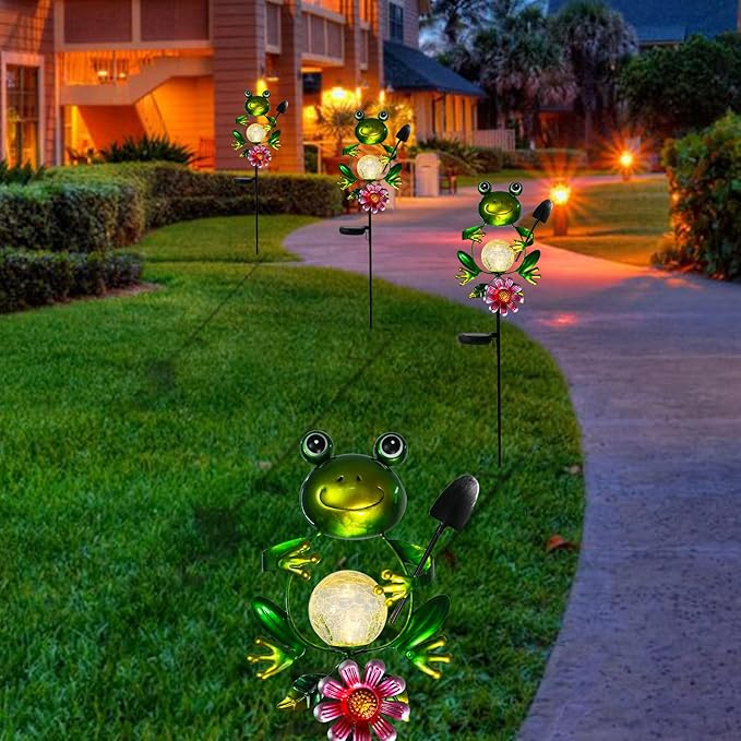 Bshine Frog Solar Light Outdoor Garden, Cracked Glass Metal Solar Garden Stakes for Pathway, Backyard Decoration, Yard Art, Lawn Ornaments, Frog Gifts for Women, Mom, Frog Lovers