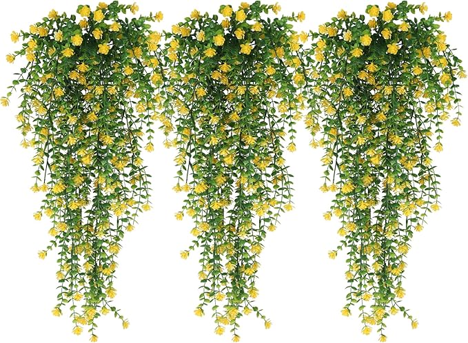 RECUTMS Outdoor Fake Hanging Plants,Hanging Plant Vine,Faux Eucalyptus Leafs Greenery Vine Plant Faux Plants Fake Plants Greenery for Jungle Theme Party Wedding Decoration(Yellow)