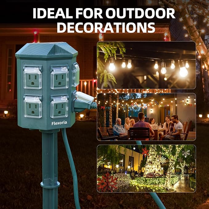Flexora Outdoor Power Strip with 24-Hour Mechanical Timer, 25 FT Extension Cord Waterproof, 6 Grounded Outlets for Graden and Yard Decorations, ETL Listed (25 FT)