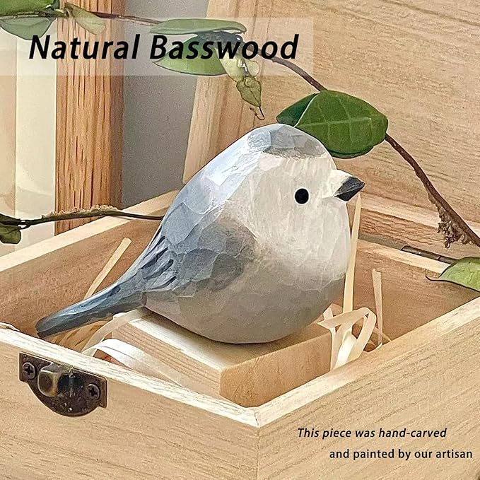 Handmade Wooden Carved Bird Decor Sculpted Hand-Painted Bird Figurines Small Home Decor Bird Statue Shelf Decor BFF Gifts for Bird Lovers (Gray Jay)