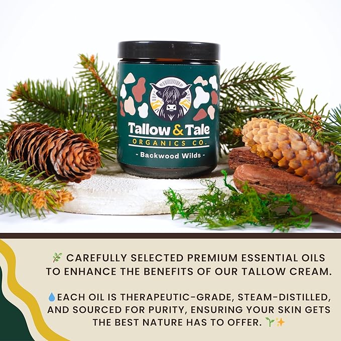 Tallow And Tale Grass-Fed & Finished Organic Tallow Cream | Face & Body Moisturizer | For Sensitive, Dry & Irritated Skin (4 OZ, Backwood Wilds - Pine, Fir Needle, Frankincense & Rosemary)