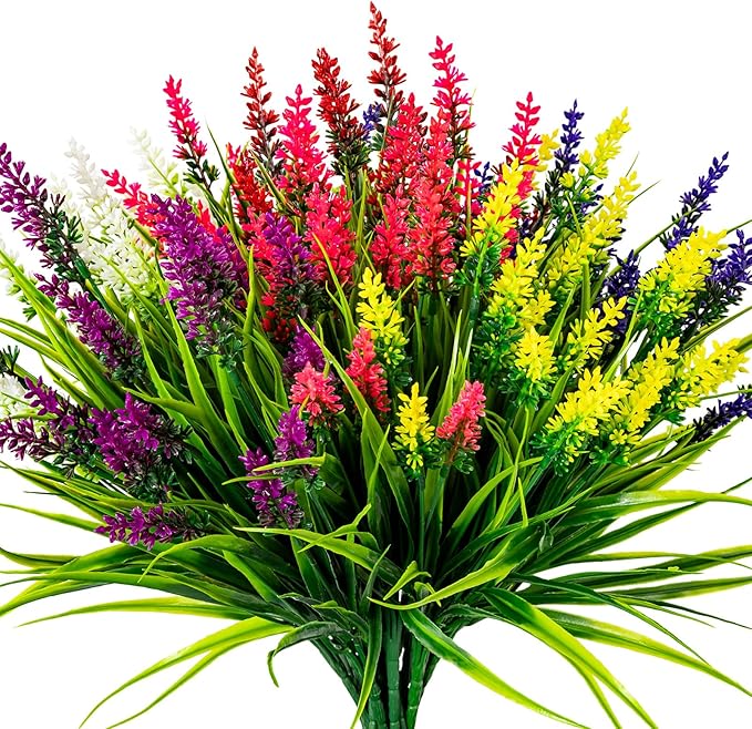 Artificial Flowers for Outdoor Plants 24 Bundles Fake Lavender Plastic Faux Monkey Grass for Verandah Window Garden Office Patio Front Porch UV Resistant for Planter(6 Color)