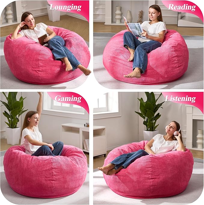 3.5FT Bean Bag Chairs Teardrop Bean Bag Chair for Adults Beanbag Chair with Memory Foam Filled Machine Washable Cover for Living Room, Bedroom (Large,Pink)