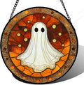 Stained Glass Window Hanging - Halloween Decorations White Ghost Suncatcher for Doors Garden Indoor Spooky Funny Orange Sun Catchers Gothic Decor Horror Gifts for Women Men Friend 11.8 in