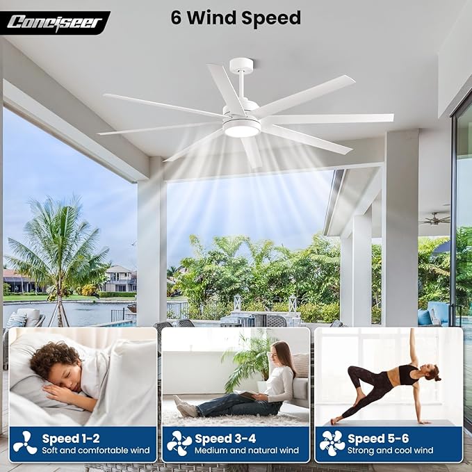 Modern Ceiling Fans with Lights, 72 Inch Ceiling Fan with Remote for Bedroom Living Room Kitchen Library Cafe Outdoor/Industrial Use,24W 3CCT 8 Blades 6 Speed Reversible Quiet DC Motor, White