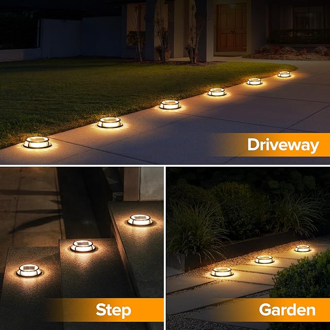 LUTEC 12 Pack Solar Driveway Lights, 12 LEDs IP67 Waterproof Outdoor Solar Dock Driveway Marker Lights for Step, Sidewalk, Pathway, Patio, Garden(Warm White)