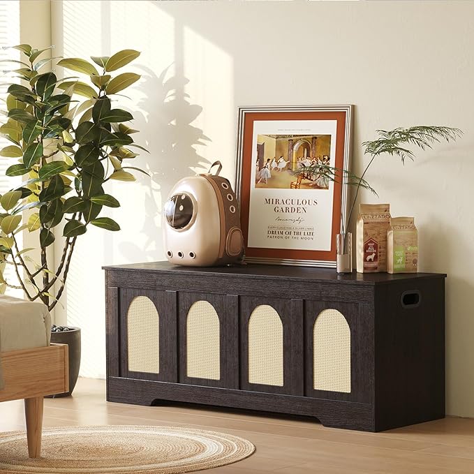DINZI LVJ Storage Chest, 47.2" Rattan-Like Toy Box with 2 Safety Hinges, Wooden Entryway Storage Bench with Flip-Top, Large Trunk for Living Room, Bedroom, Easy Assembly, Espresso and Natural