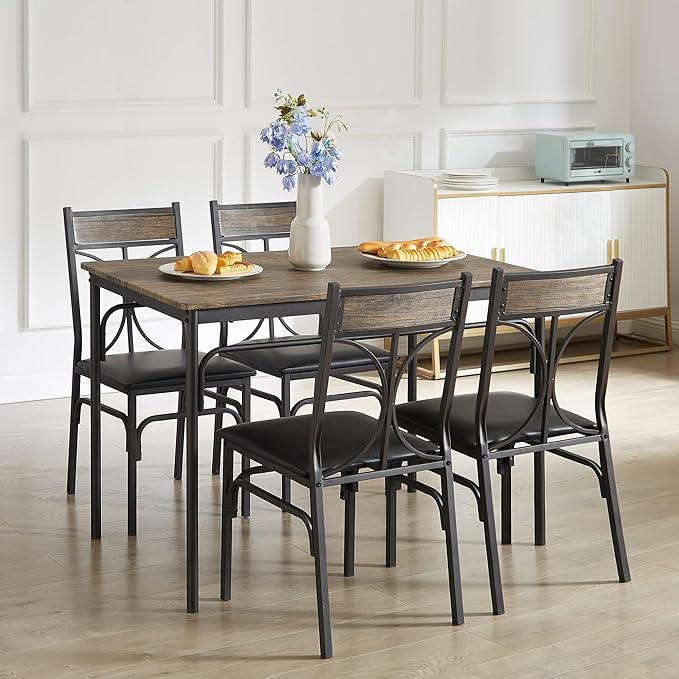 VECELO 5-Piece Dining Table Set for Home Kitchen Small Space Breakfast Nook, 4 Faux Leather Metal Frame Chairs,Rustic Brown,Set for 4
