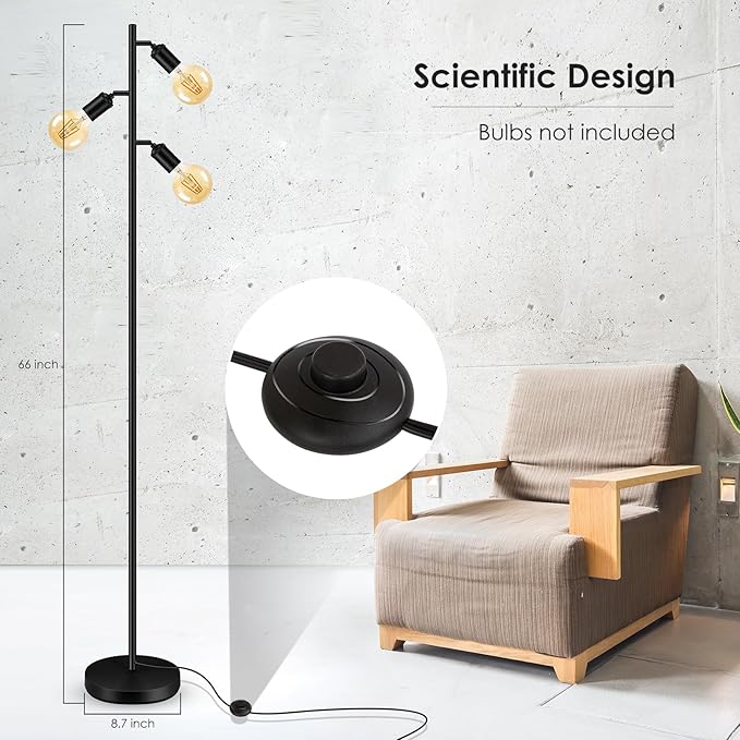 BoostArea Floor Lamp, Industrial Floor Lamp, Modern Tree Standing Lamp with Adjustable 3 Light, E26 Socket, Foot Switch, Minimalist Metal Stand Up Lamp Pole Lamps for Living Room, Bedroom (No Bulbs)