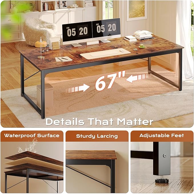 PRAISUN 70.8 X 29.5 Inch Computer Desk with Deeper Desktop, Gaming Office Writing Work Desk for Home Office, Study, Bedroom, Work from Home, Metal Frame, Rustic Brown