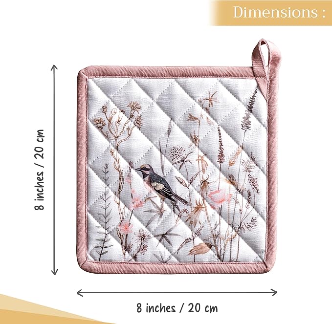 Maison d' Hermine Pot Holders Set 100% Cotton Heat Resistant Potholders 8" x 8" Hot Pads with Loop BBQ, Cooking, Grilling, Kitchen, Handling Hot Pans Spring/Summer (Pack of 2, Meadow Florals - Brown)