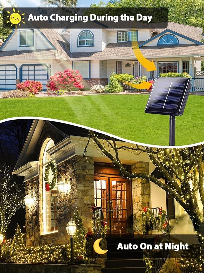 4 Pack 400 LED Solar String Lights for Outside, Solar Christmas Lights Outdoor with 8 Lighting Modes, Waterproof Green Wire Solar Powered Tree Light for Xmas Party Yard Garden Decorations (Warm White)