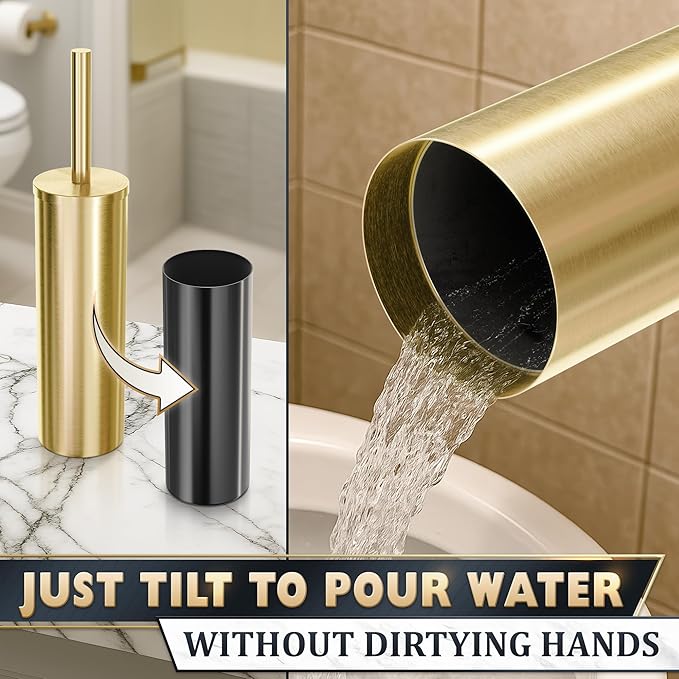 Gold Toilet Brush and Holder Set - Brushed Stainless Steel Gold Toilet Bowl Brush and Holder with Replacable Head, Removable Inner Bowl, and Splash Protection - Dense Bristles for Through Cleaning