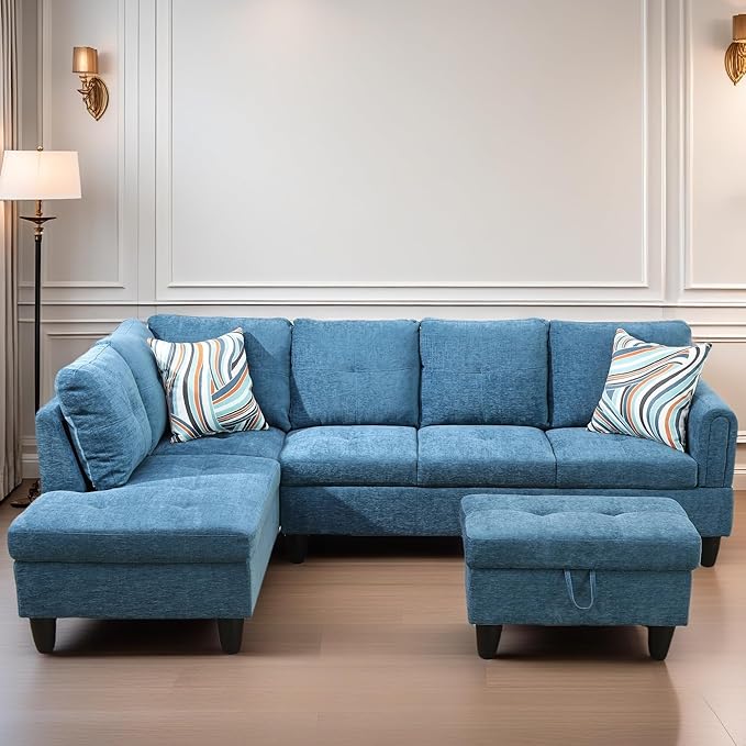 L Shaped Sectional Couches for Living Room, Modern Modular Sectional Sofa with Ottoman Storage, Comfy L Shaped Couch with Chaise for Bedroom Apartment Furniture, Blue