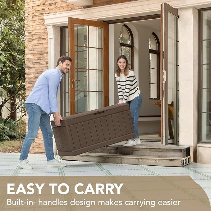 Devoko 85 Gallon Deck Box Lockable Resin Outdoor Storage Box waterproof Outdoor Container for Patio Furniture Cushions, Pillow (Brown)