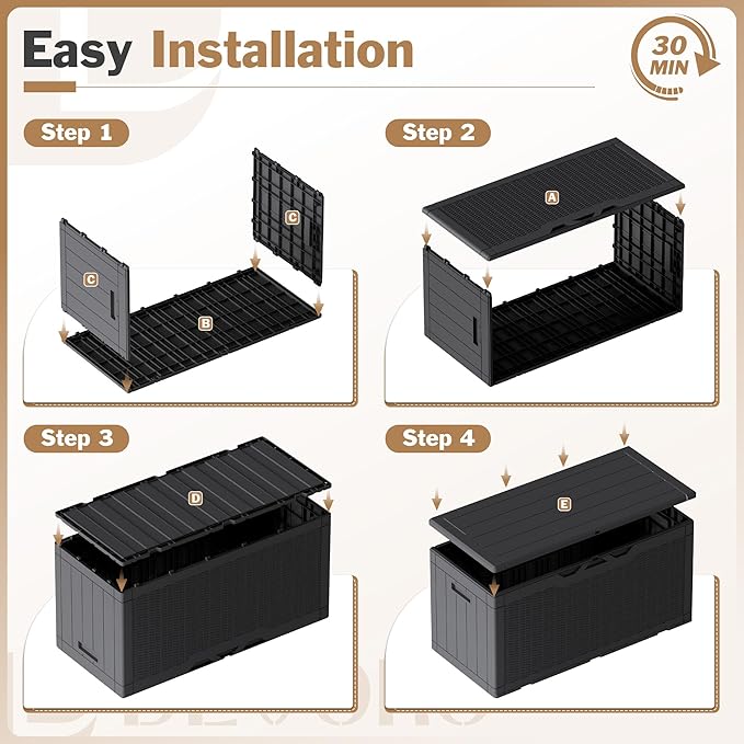 Devoko 100 Gallon Waterproof Large Resin Deck Box Indoor Outdoor Lockable Storage Container for Patio Furniture Cushions Garden Tools (100 Gallon, Black)