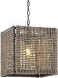 ELYONA Farmhouse Rattan Chandelier 12" Handwoven Pendant Light Fixtures with Gray Square Solid Wood Frame, Adjustable Hanging Lamp for Kitchen Island, Dining Room, Living Room, Bedroom, Bar, Hallway