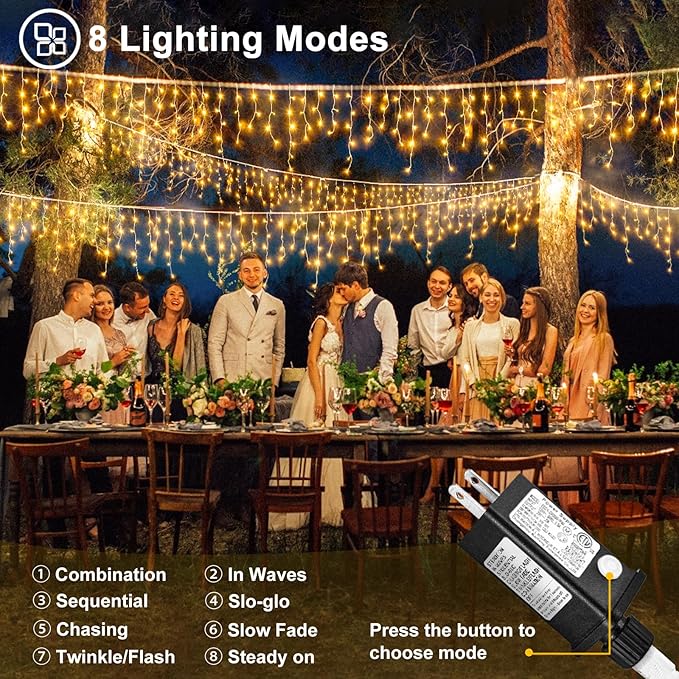 Christmas Lights Outdoor, 33ft 400 LED Warm White Icicle Lights for Outside House, Plug in Connectable Twinkle Tree Light 8 Modes Timer Waterproof for Patio Window Party Indoor Holiday Decorations