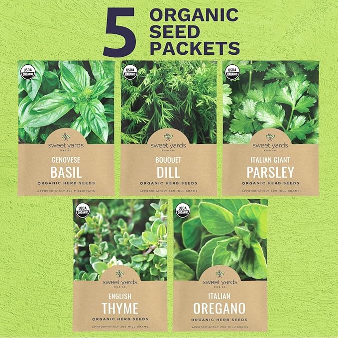 Organic Herb Seeds Variety Pack - 5 Individual Packs - 2025 Season - Basil, Oregano, Dill, Thyme & Parsley. for Indoor & Outdoor Planting (Non-GMO, Certified Organic)