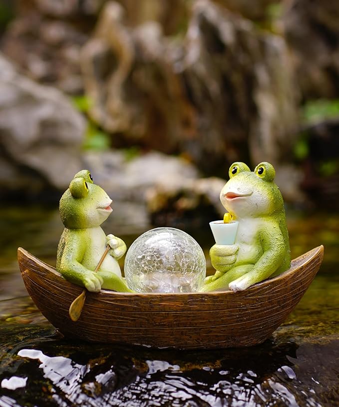 Solar Frogs Boating Statue Garden Decor: Outdoor Sculpture Lights Decorations Art Ornament Yard Lawn Backyard - Ideal Gifts for Women Mom Grandma