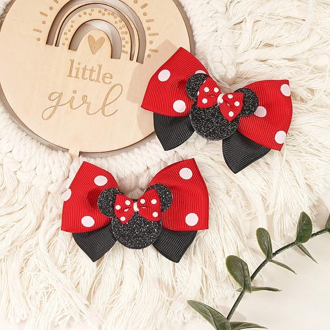 6PCS Mouse Ears Hair Clips for Toddler Girls 3 Inch Hair Bows for Baby Girls Birthday Party Costume