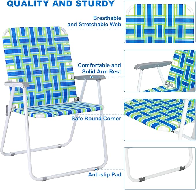 VINGLI Oversize Patio Lawn Webbed Folding Chairs Set of 2, Outdoor Beach Chair Portable Dining Chair for Outdoor Yard, Garden (Blue, Oversized)