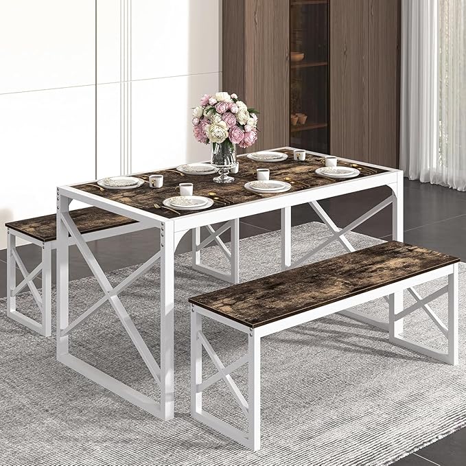VECELO Kitchen Dining Table Benches Set for 4, 55" Wooden Dinette with 2 Benches, Heavy-Duty Dining Room Table for Small Space, Breakfast Nook, Dark Brown