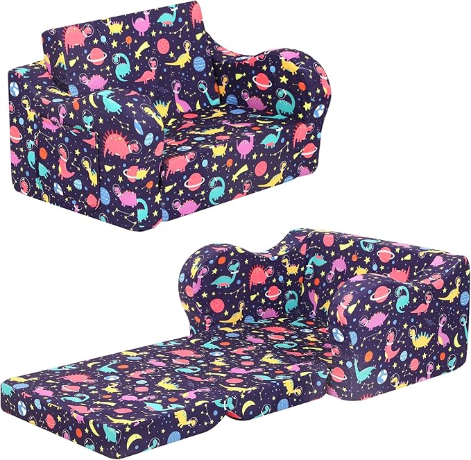 Dinosaur Kids Sofa, 2-in-1 Kids Couch Fold Out, Convertible Sofa to Bed for Girls and Boys
