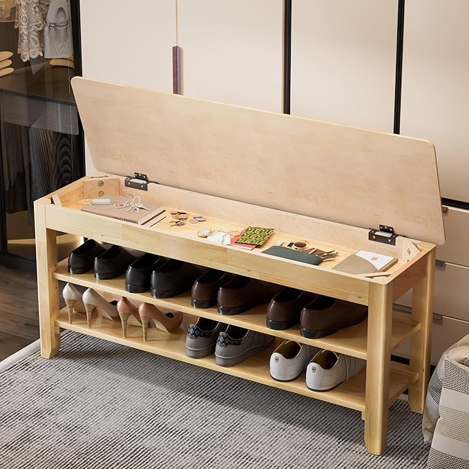 Shoe Storage Bench for Entryway - 3 Tier Shoe Rack for Front Door Entrance, Rubberwood Shoes Rack Height Adjustable, Entryway Bench with Shoes Storage for Any Room (Natural, 39.4" W)
