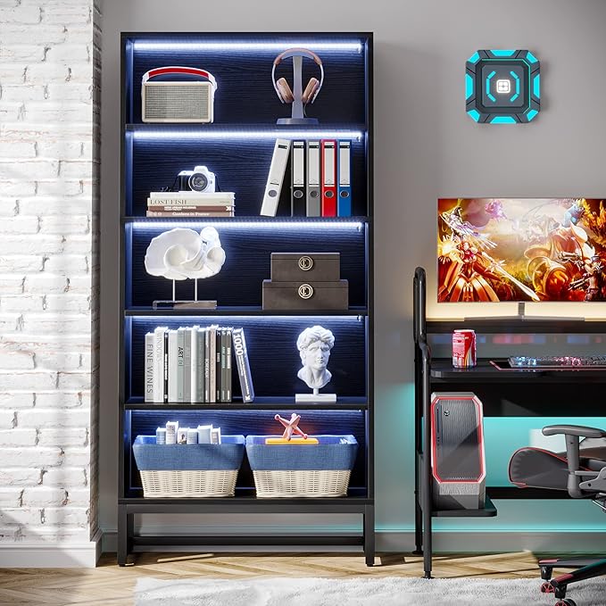 Tribesigns Tall Bookcase Black Bookshelf, 70.8” Large Bookcases Organizer with LED Lights, Heavy Duty Free-Standing Library Bookshelf with 5-Tier Storage Shelves for Living Room, Bedroom (Black)