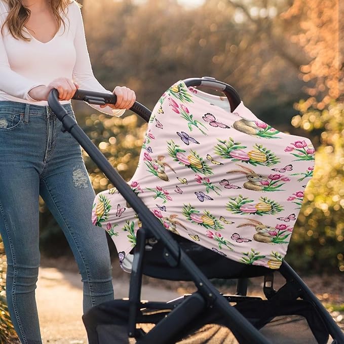 Wanyint Easter Rabbit Butterfly Tulip Pink Baby Car Seat Covers Cute Carseat Canopy for Babies Boys Girls Multi-use Nursing Breastfeeding Covers Nursing Scarf