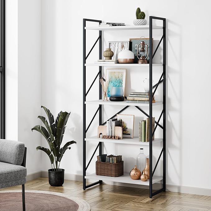 Shintenchi 5 Tiers Bookshelf, Classically Tall Bookcase Shelf,Industrial Book Rack,Modern Book Holder in Bedroom/Living Room/Office, Storage Rack Shelves for Books/Movies,11.8" Dx23.6 Wx62.2 H,White