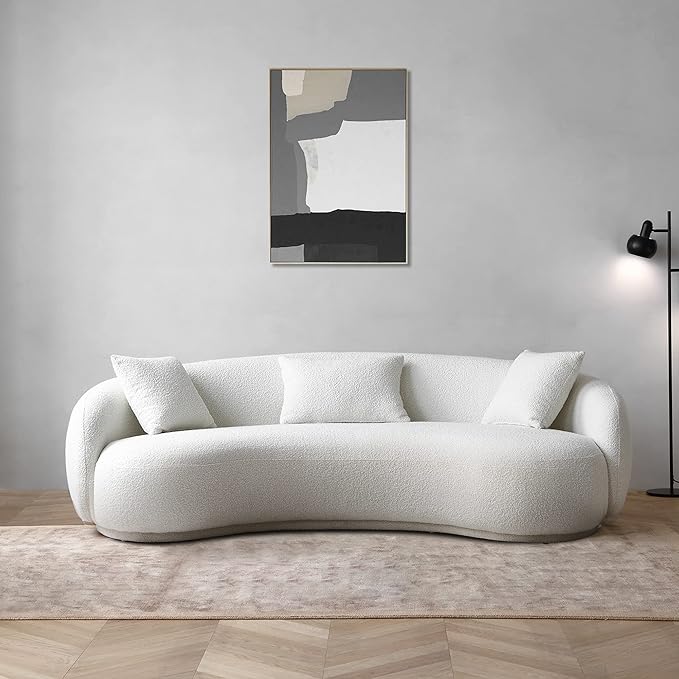 Acanva Mid Century Modern Curved Living Room Sofa, 4-Seat Boucle Fabric Couch for Bedroom, Office, Apartment, White