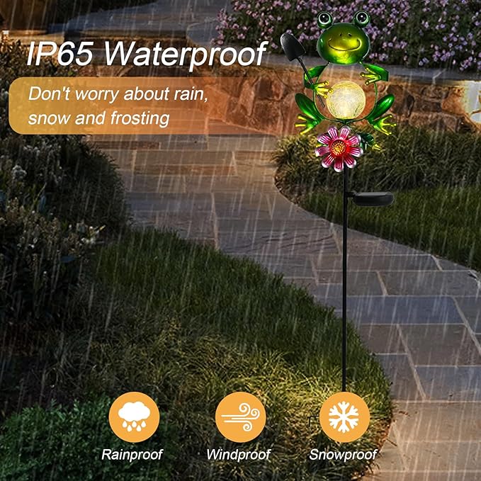 Afirst Solar Lights Outdoor Decorative Metal Frog Crackle Glass Globe Warm White LED Metal Waterproof Garden Stake Lights for Walkway Pathway Lawn Patio Yard Decorations