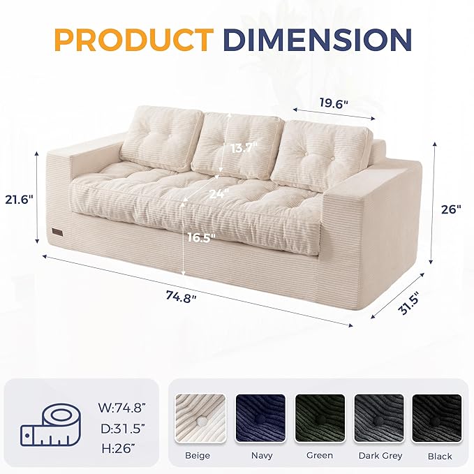 MAXYOYO 3 Seater Couch for Living Room, Boneless Couch with Tufted Cushion & Backrest, Upholstered Floor Sofa with Armrests, Sofa in A Box, No Assembly Required, Beige