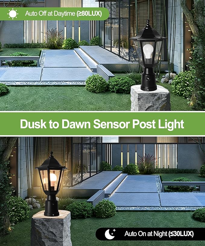 FUDESY Dusk to Dawn Sensor Outdoor Post Light, Waterproof Pole Lantern with Pier Mount Base, Exterior Plastic Lamp Light Fixture, for Garden, Patio, Pathway, Black, Bulb Included