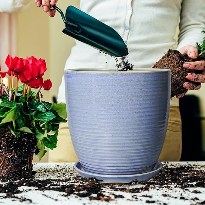 Ceramic Planter - Modern Round 12 Inch Pots for Plants with Drainage Hole and Plant Saucer for Flower Indoor, Garden Room Home Office House Decor, House Warming Gifts, Blue-Purple